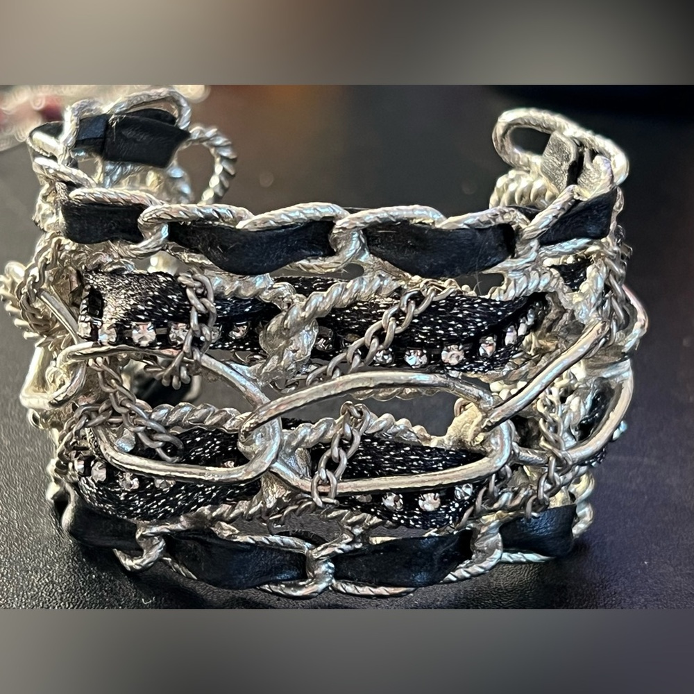 Rachel Leigh Designer Silver Tone Woven Leather Pewter & Swarovski Crystals Cuff